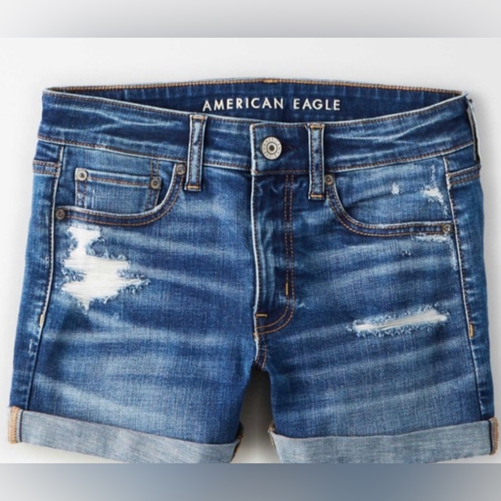 American Eagle AE Super Stretch Midi Denim Jean Shorts Dark Wash Blue Size 2